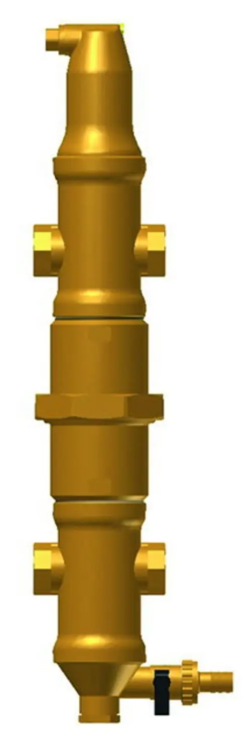 Hydraulische Weiche in goldener Farbe mit mehreren Anschlussstücken. Typischer Einsatz in Heizungsanlagen. Produkt von IMI Hydronic Engineering.